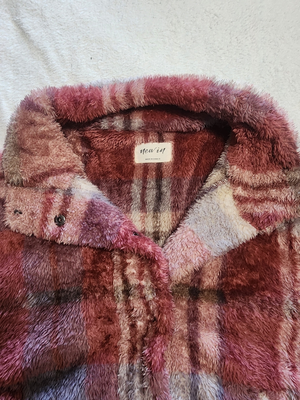 New In Fleece Plaid Jacket Women Size S Pink Burgundy Fuzzy Teddy Coat - Picture 8 of 9